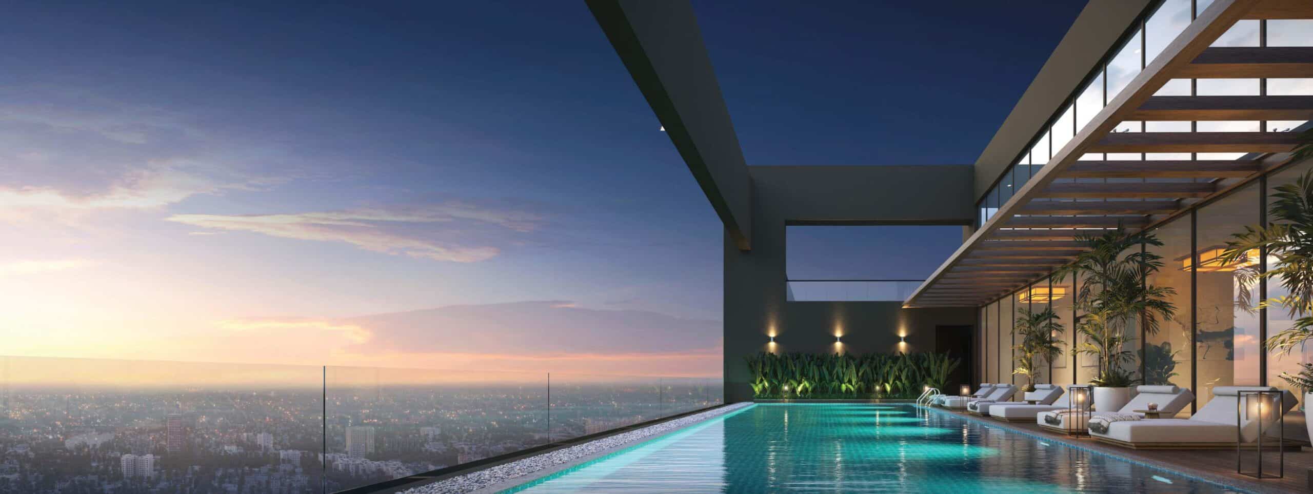 Elevate your lifestyle at the exclusive Sky Deck. Spread across the top ﬂoor it features a Swimming Pool that seems to merge with the horizon along with bespoke spaces for relaxation.